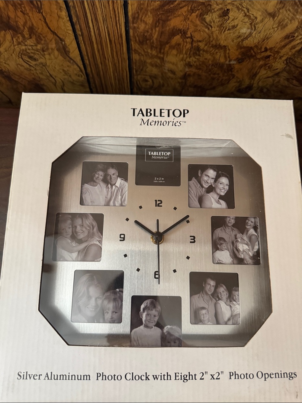 Silver Aluminum Photo Wall Clock with 8 Photo Openings